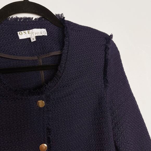 One Third S Navy Blue Tweed Fringe Trim Blazer Jacket 01 Zip Front Collarless - Picture 3 of 9